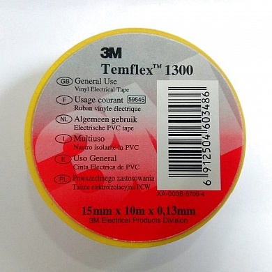 Изоляционная лента 3M Temflex 1300, ПХВ, 15mm х10m x 0.13mm, желтая