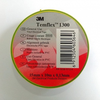 Изоляционная лента 3M Temflex 1300, ПХВ, 15mm х10m x 0.13mm, заземл., желто-зеленная